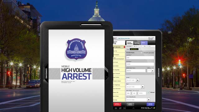 The Metropolitan Police Department Mobile High Volume Arrest app running on an Android tablet